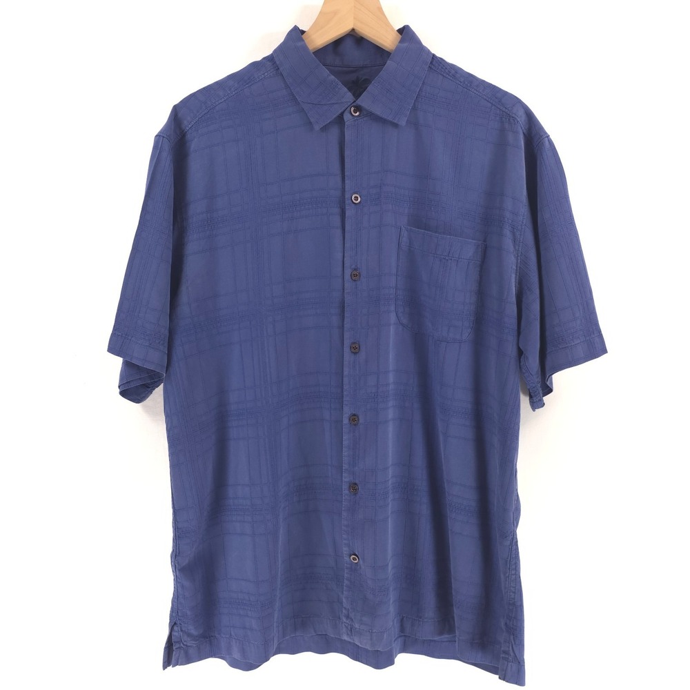 Tommy Bahama Mens Silk Shirt Large Blue Tonal Grid Textured Short Sleeve Button